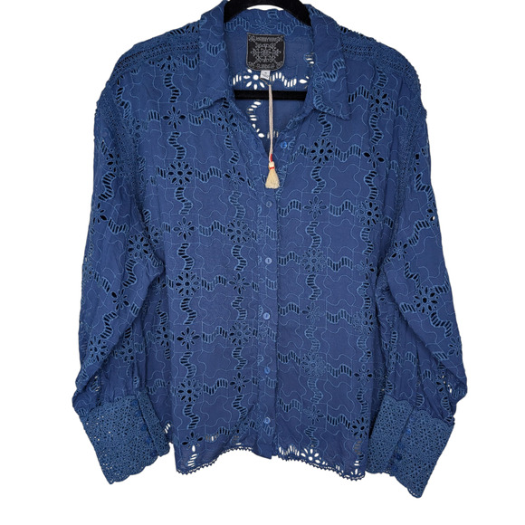 Johnny Was Jade Marina Joy Rayon Shirt Blue Eyelet Button Down Long Sleeve - Picture 3 of 9
